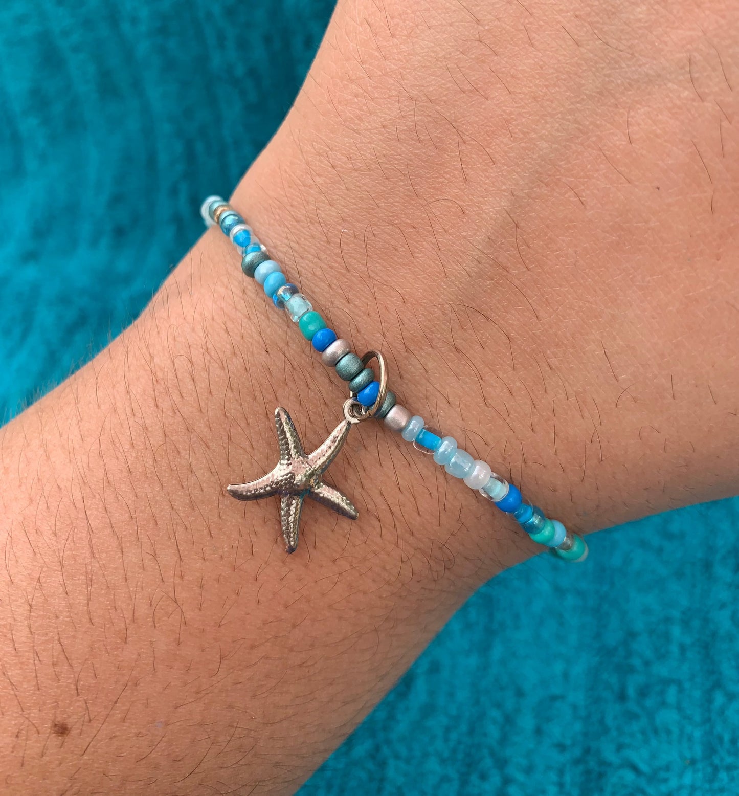 Silver Starfish Charm Seed Bead Bracelet