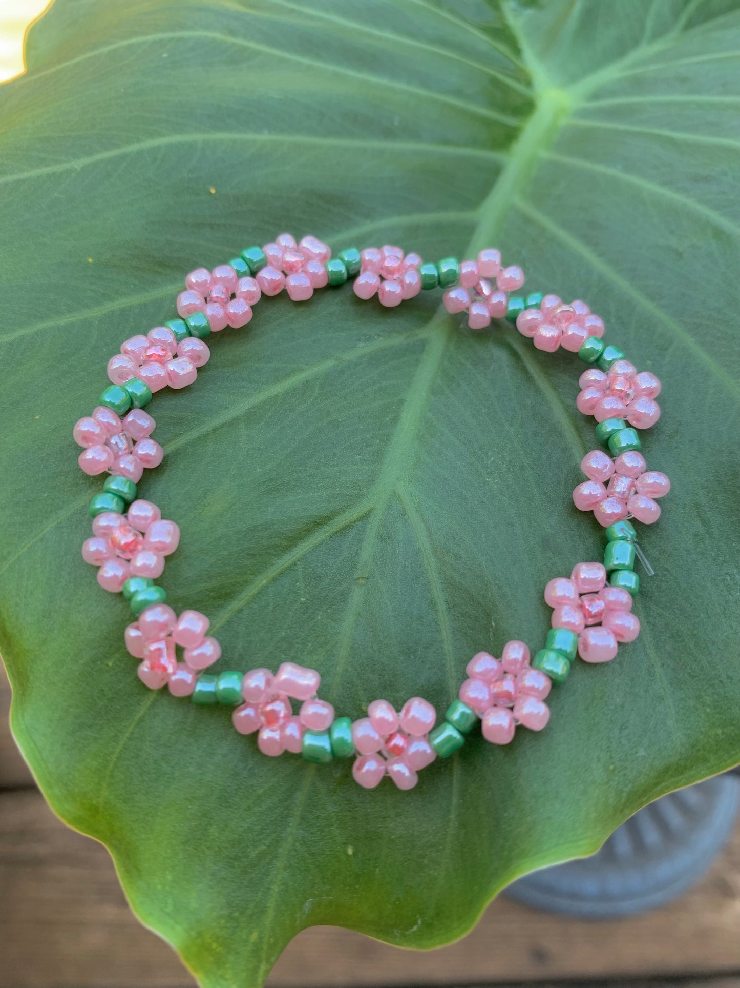 "Pink Carnation" Seed Bead Flower Bracelet