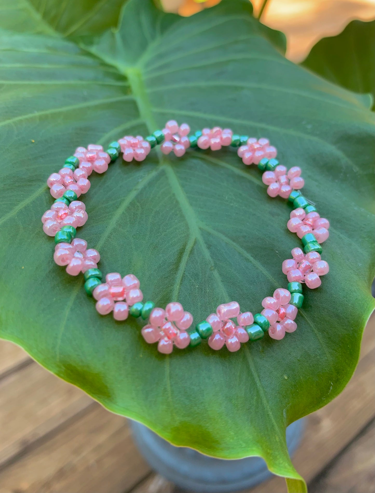 "Pink Carnation" Seed Bead Flower Bracelet