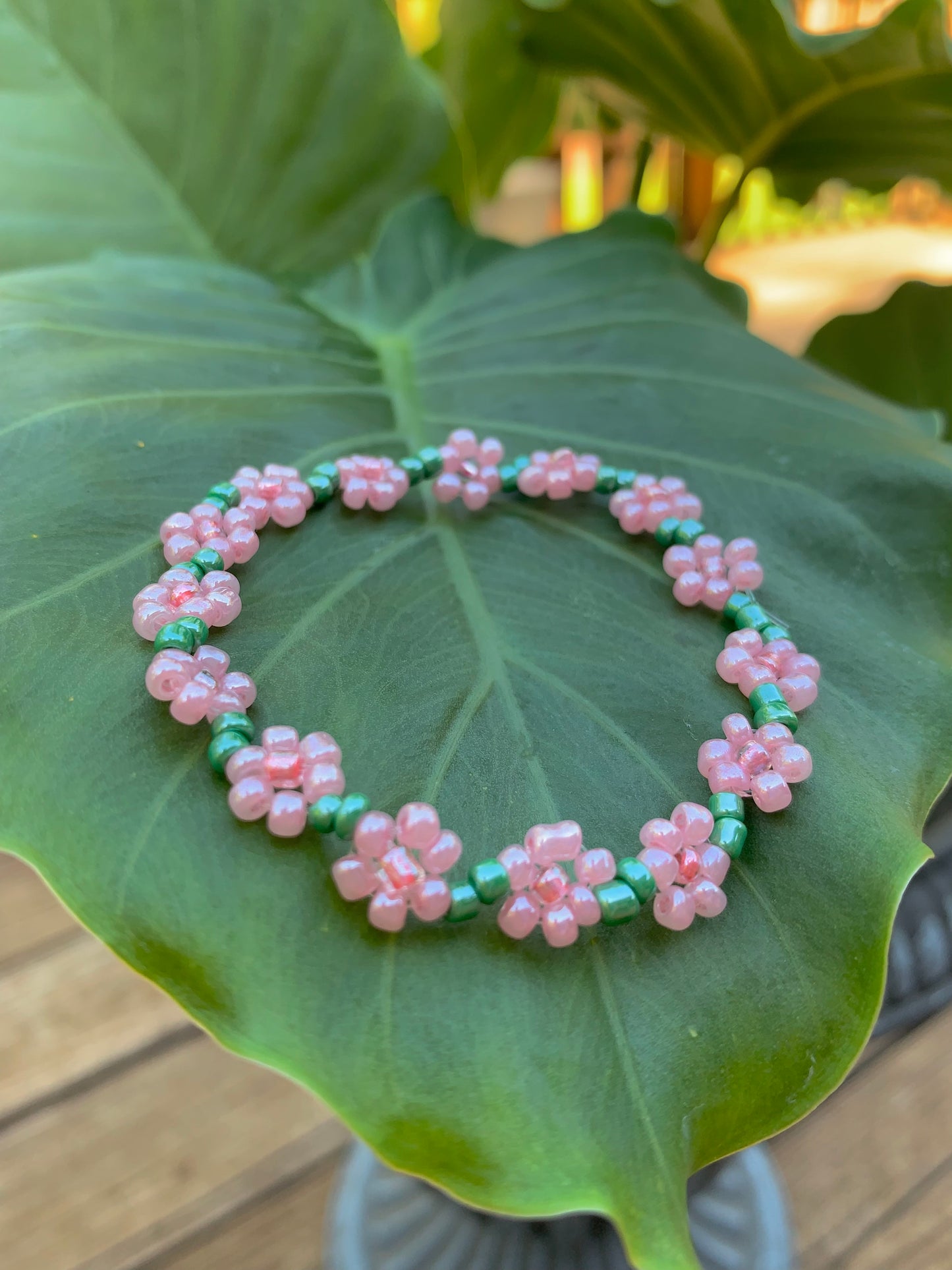 "Pink Carnation" Seed Bead Flower Bracelet