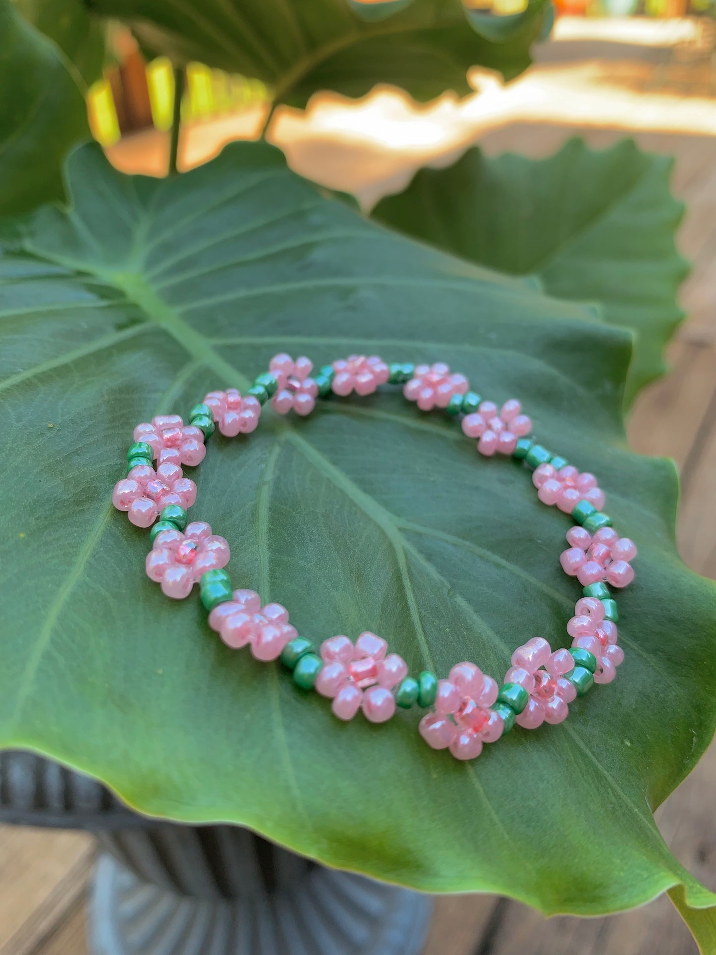 "Pink Carnation" Seed Bead Flower Bracelet