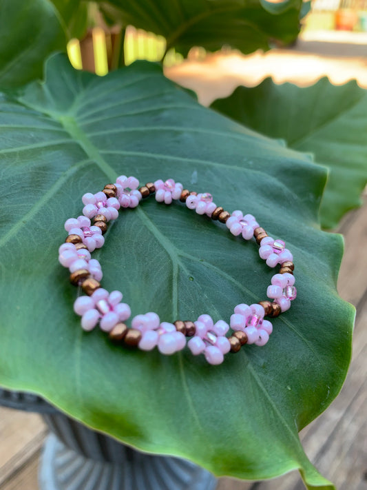 "Cherry Blossom" Seed Bead Flower Bracelet