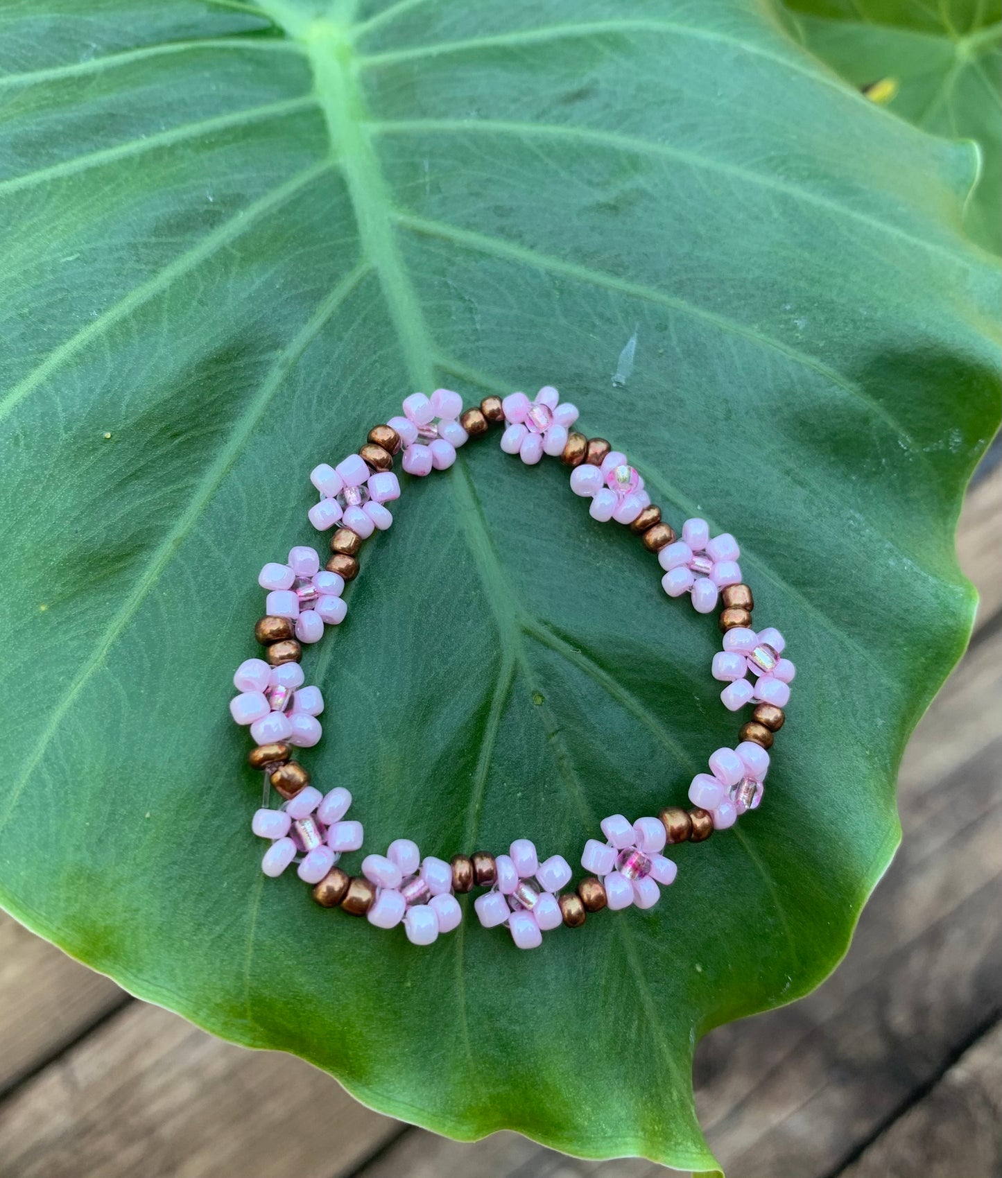 "Cherry Blossom" Seed Bead Flower Bracelet