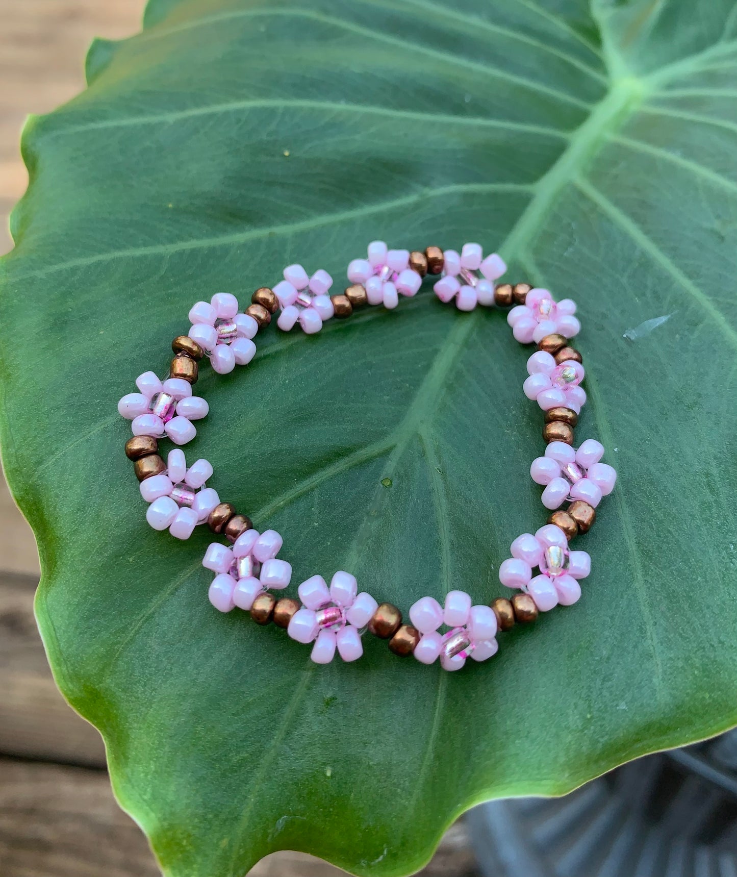 "Cherry Blossom" Seed Bead Flower Bracelet