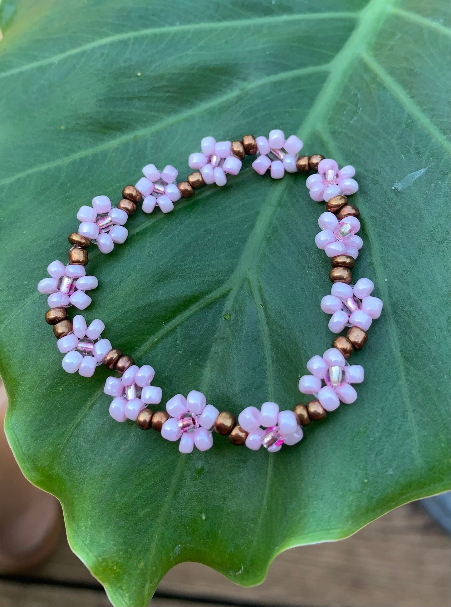 "Cherry Blossom" Seed Bead Flower Bracelet