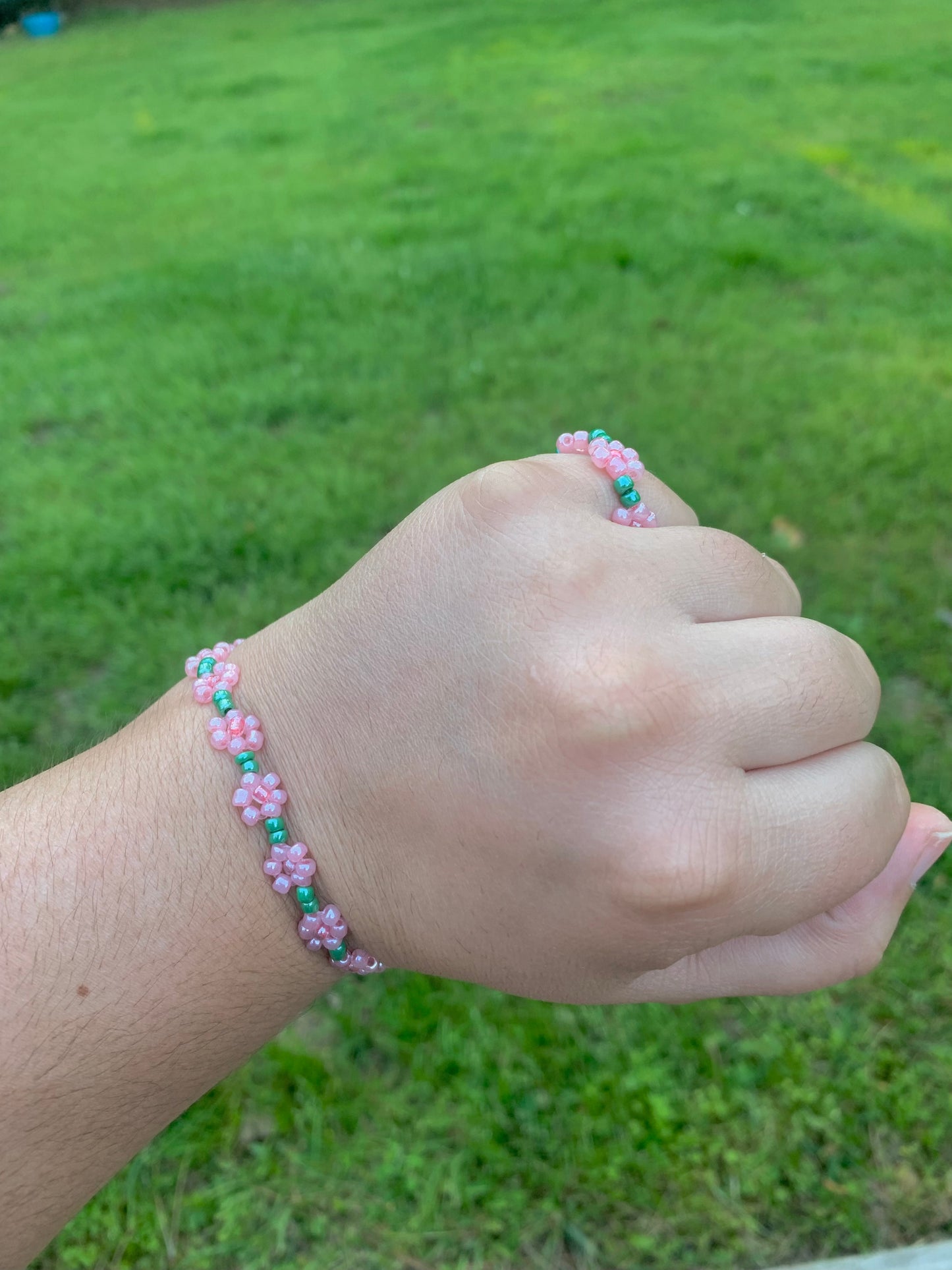 "Pink Carnation" Seed Bead Flower Bracelet