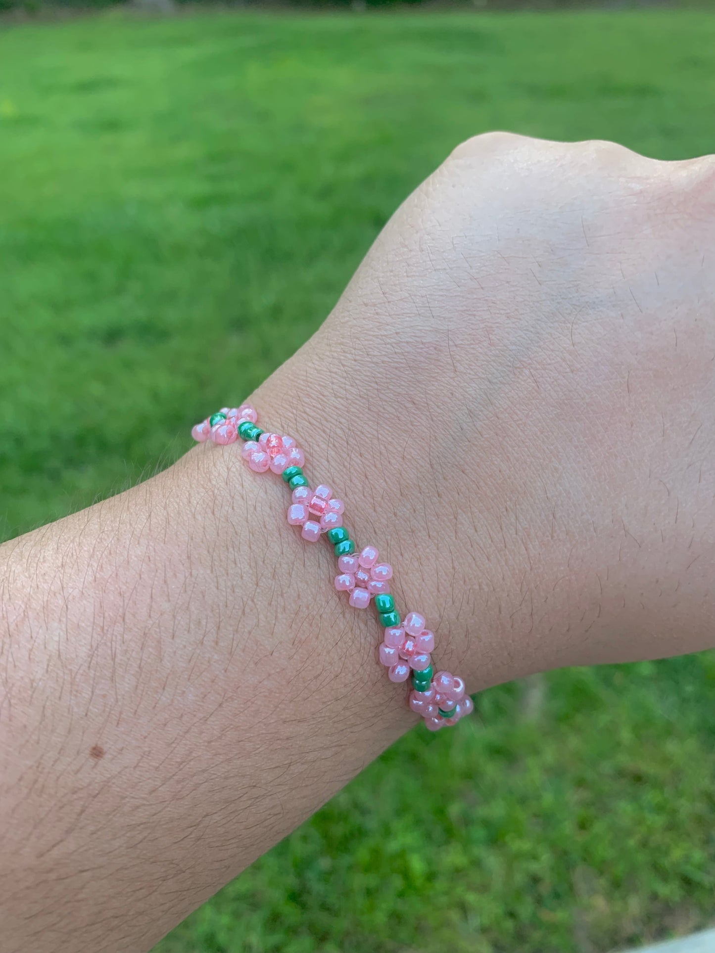 "Pink Carnation" Seed Bead Flower Bracelet