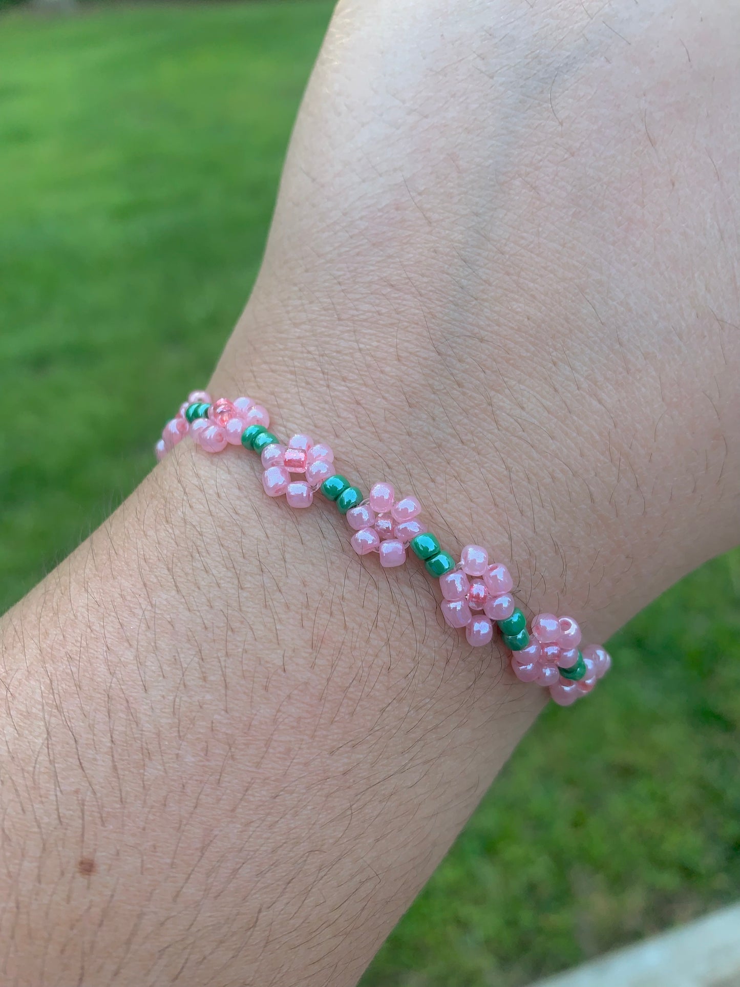 "Pink Carnation" Seed Bead Flower Bracelet