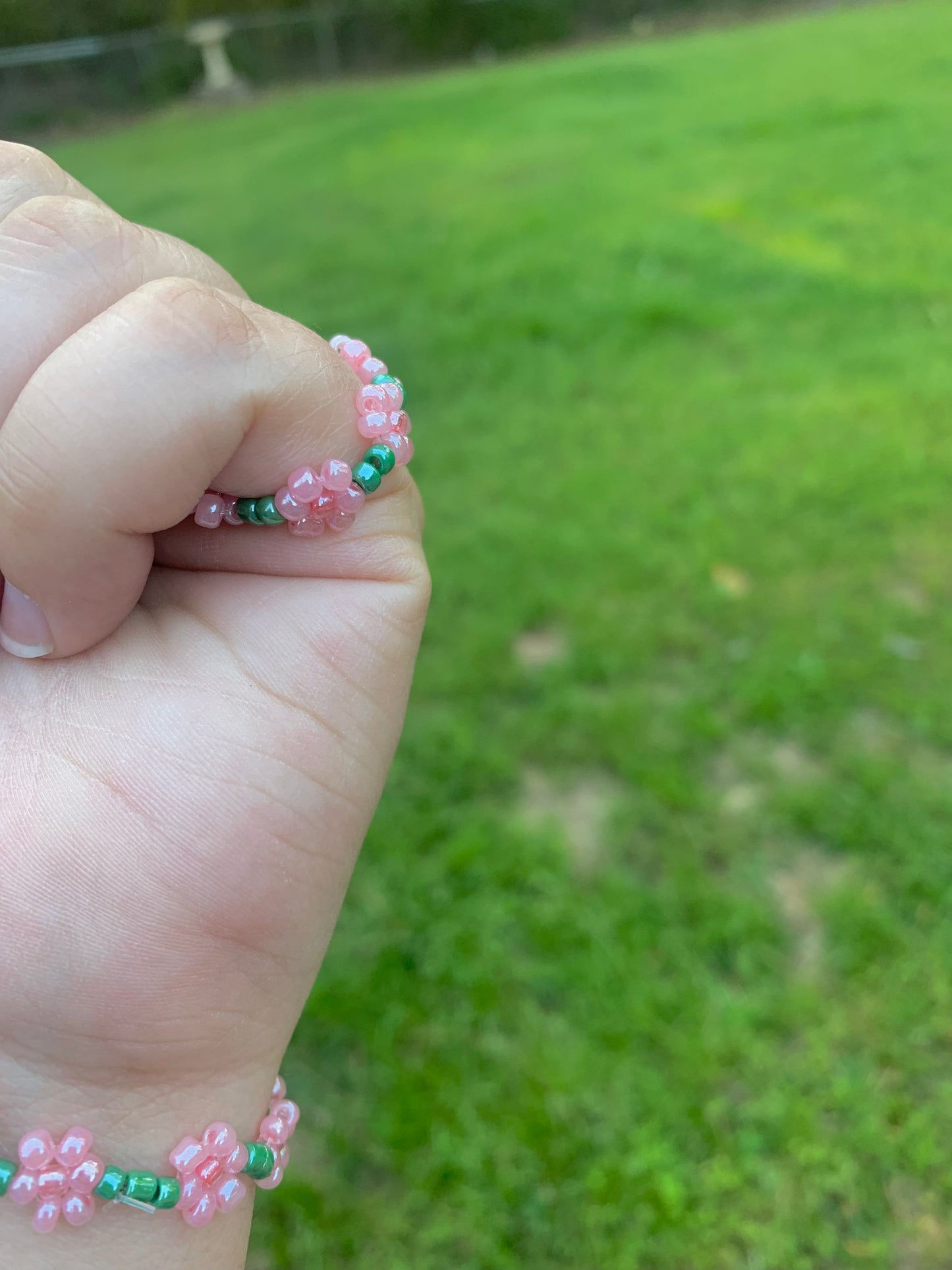 "Pink Carnation" Seed Bead Flower Bracelet