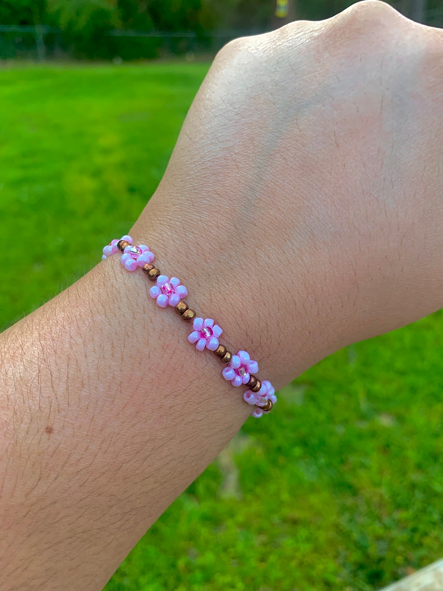 "Cherry Blossom" Seed Bead Flower Bracelet