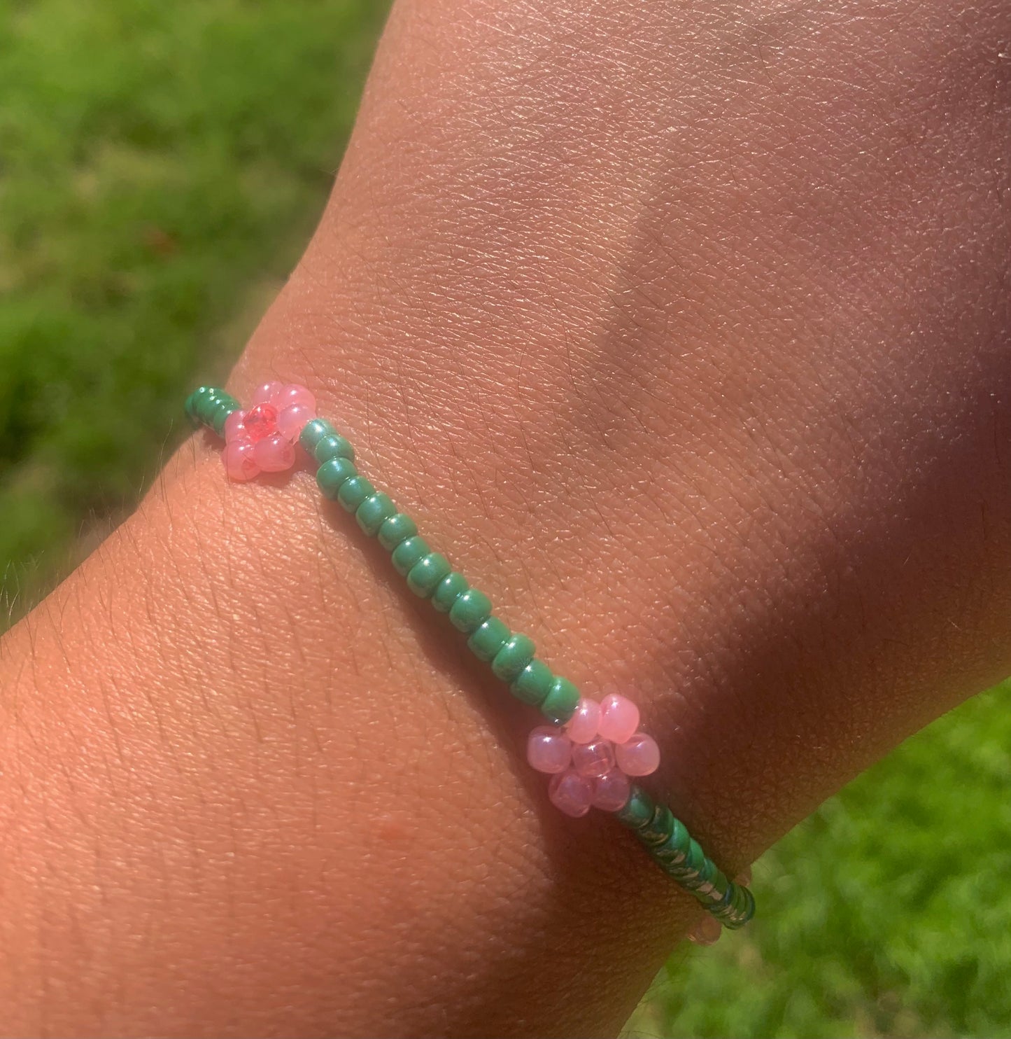 "Pink Carnation" Flower-Chain Seed Bead Bracelet