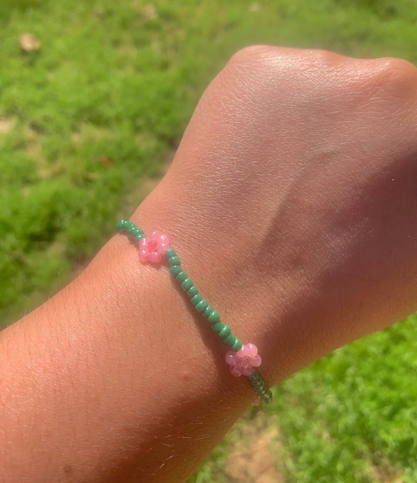 "Pink Carnation" Flower-Chain Seed Bead Bracelet