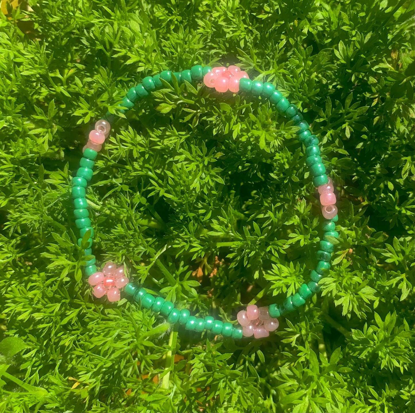 "Pink Carnation" Flower-Chain Seed Bead Bracelet