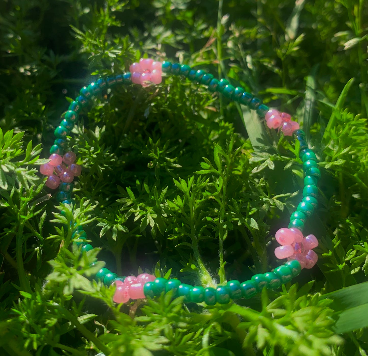 "Pink Carnation" Flower-Chain Seed Bead Bracelet