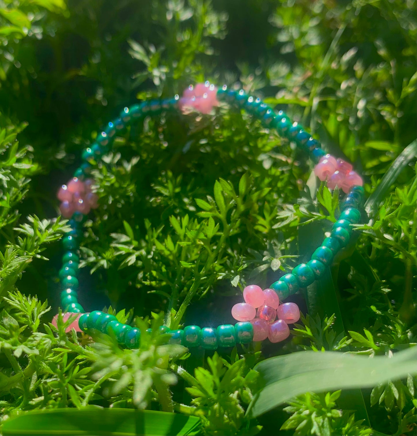 "Pink Carnation" Flower-Chain Seed Bead Bracelet