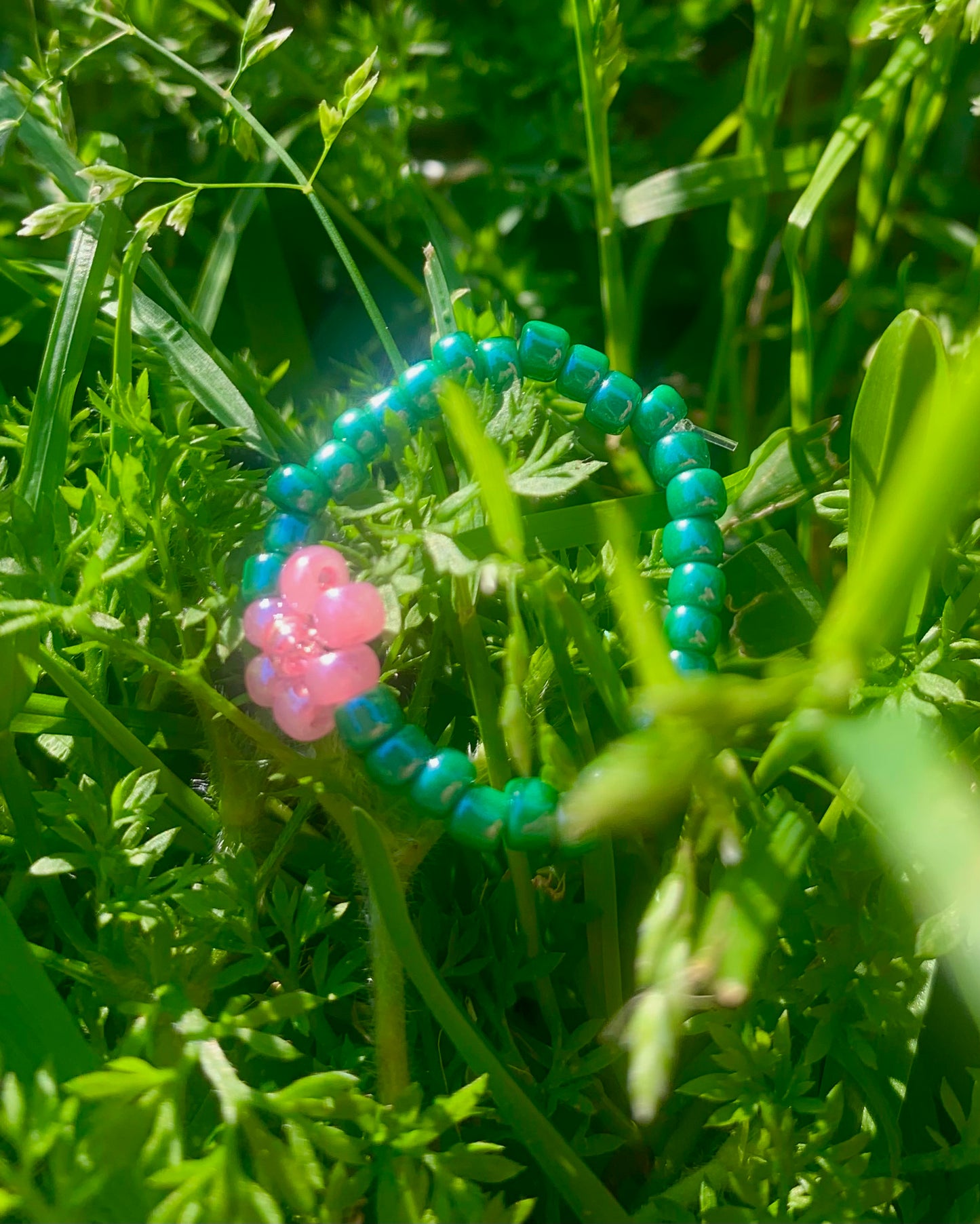 "Pink Carnation" Flower-Chain Seed Bead Bracelet