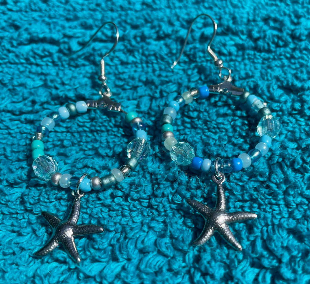 Silver Starfish Dangle Hoop Earrings
