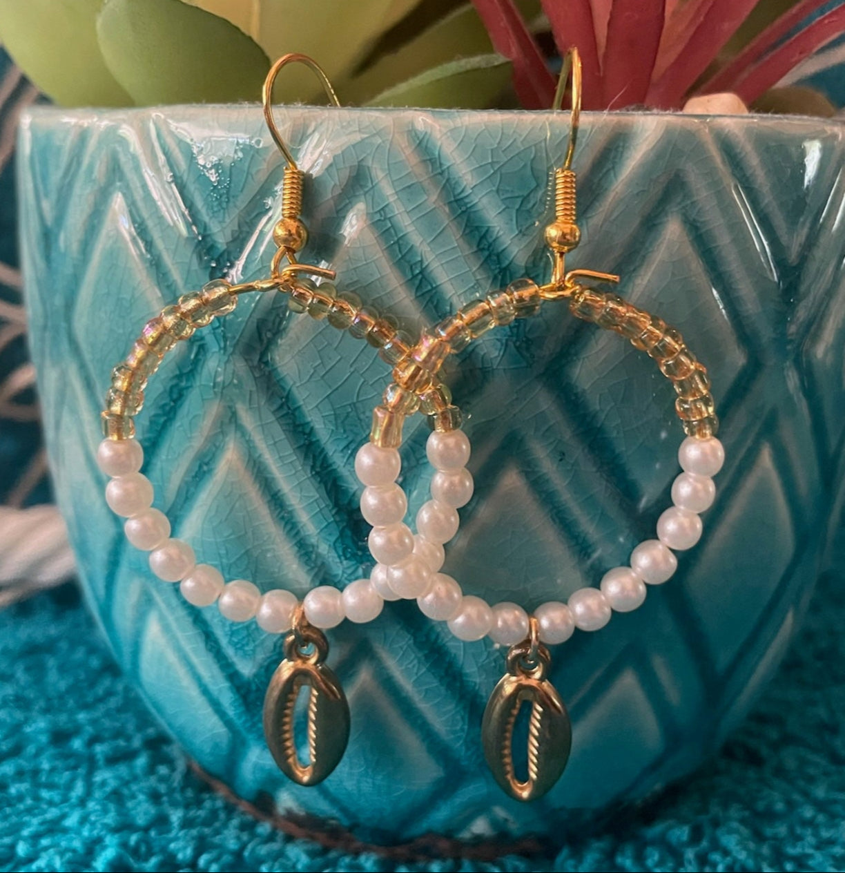 Gold + Pearl Cowrie Shell Earrings
