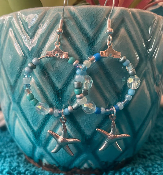 Silver Starfish Dangle Hoop Earrings