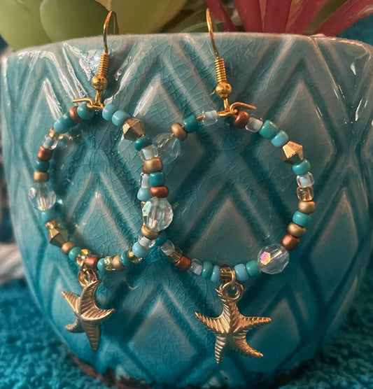 Gold Starfish Dangle Hoop Earrings
