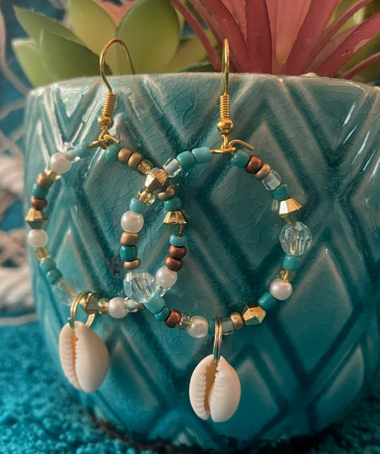Cowrie Shell Dangle Hoop Earrings