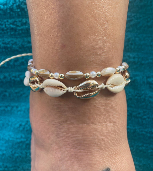 Cowrie + Rice Bead Anklet Set