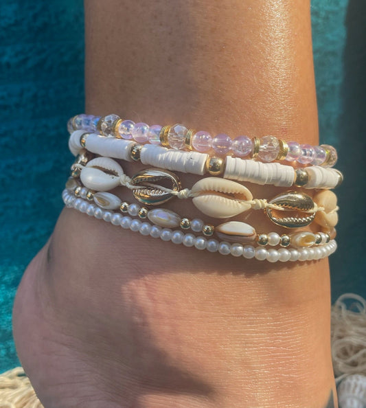 Sunshine Seashell 5-Piece Anklet Set