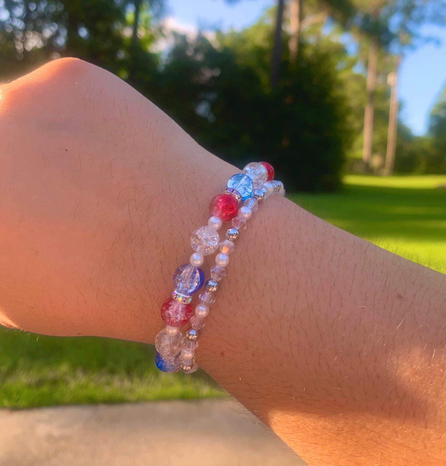 Red/White/Blue Crackle Bead Bracelet Set