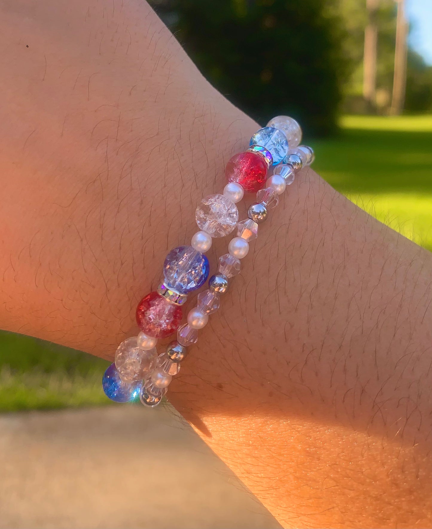 Red/White/Blue Crackle Bead Bracelet Set