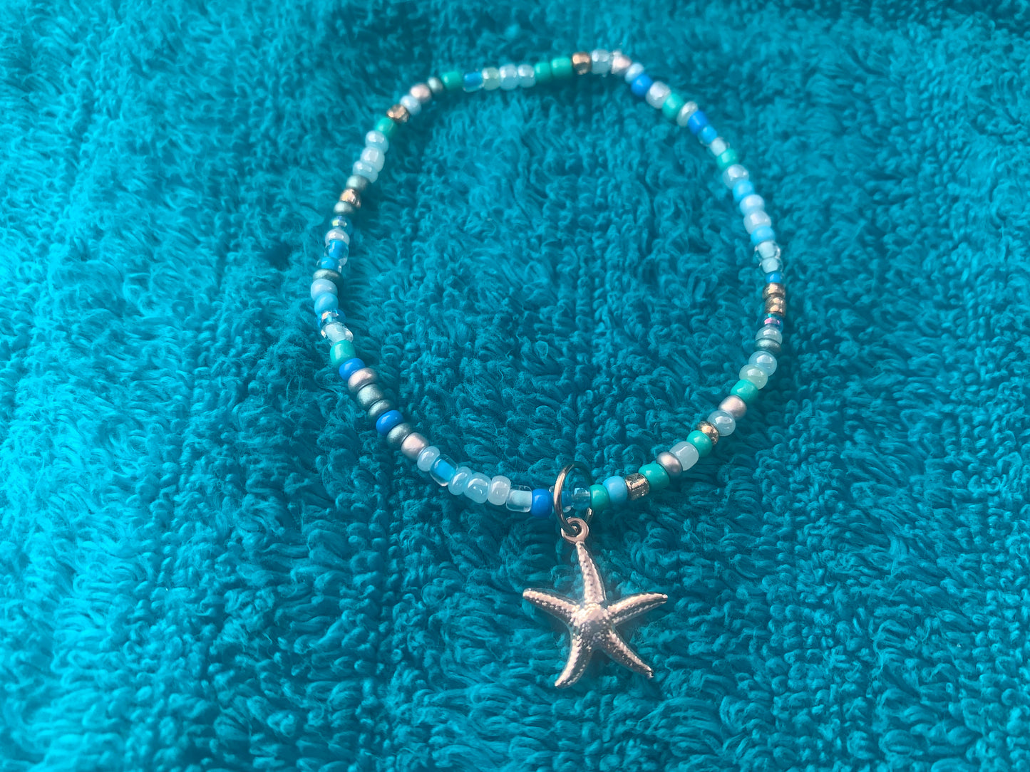 Silver Starfish Charm Seed Bead Bracelet