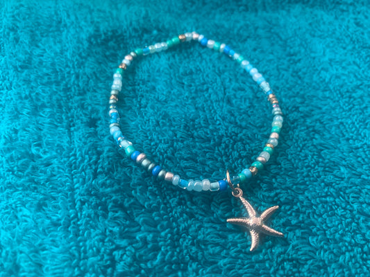 Silver Starfish Charm Seed Bead Bracelet